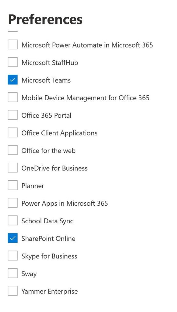 Screenshot of the preferences page in Microsoft Teams part 2. Microsoft Teams and SharePoint Online are checked for service notifications