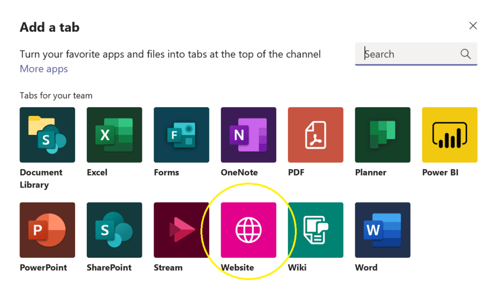 Image highlighting the Website option that appears when you click the plus symbol to add a new tab to a Microsoft Teams channel