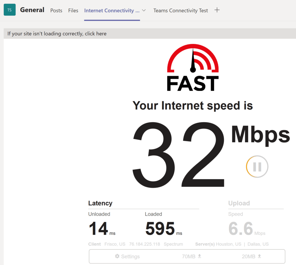Image of a speed test done through fast.com
