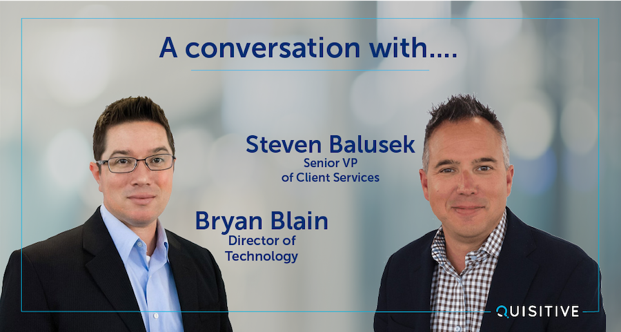 Photos of the interviewees, Bryan Blain and Steven Balusek as they speak about Quisitive earning the Microsoft Advanced Specialization in Modernization of Web Applications in Microsoft Azure