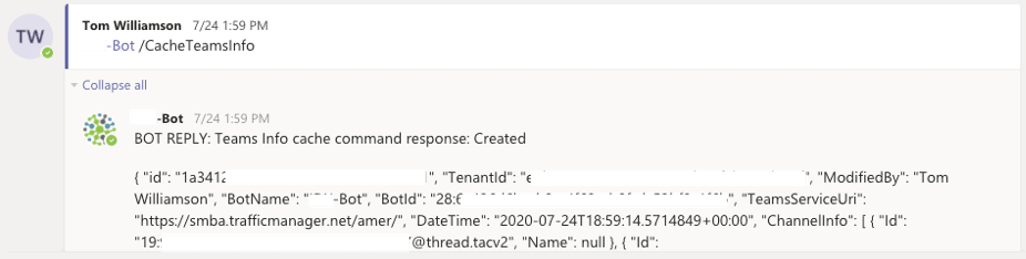 Figure 4 – Teams Bot / CacheTeamsInfo Command