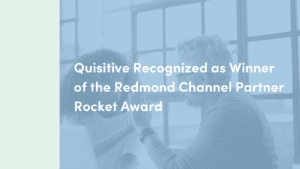 Man and woman high fiving with text overlay that reads Quisitive Recognized as Winner of Redmond Channel Partner Rocket Award