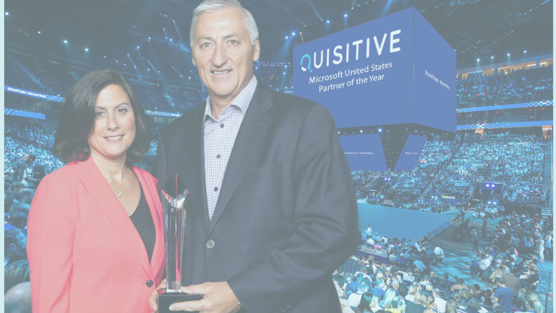Image of CEO Mike Reinhart with Gavriella Schuster holding crystal award