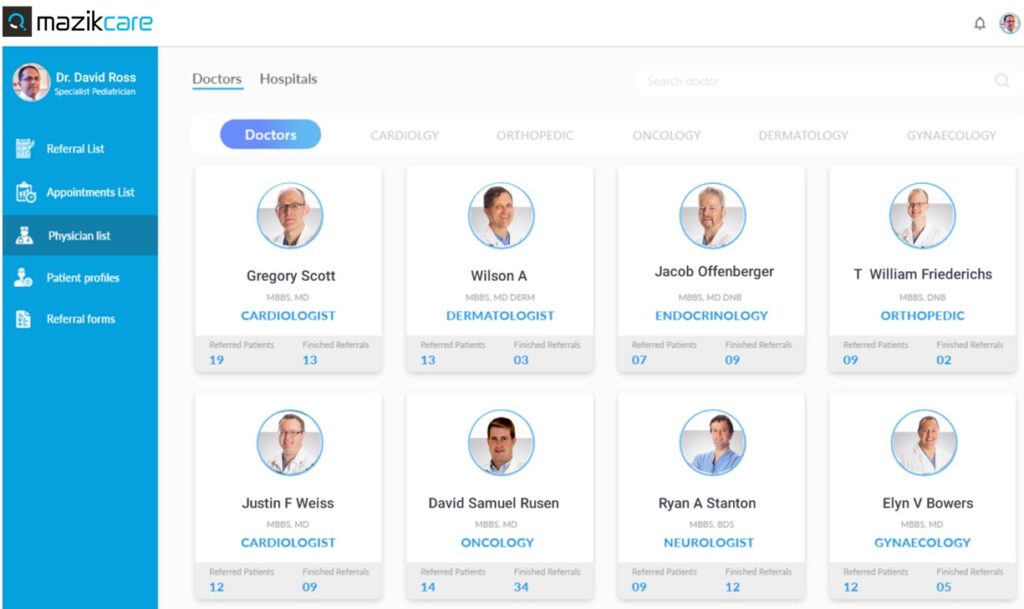 MazikCare Payer Matrix Demo Preview Image, includes a list of all doctors with headshots and contact information such as their referred patients and finished referrals.