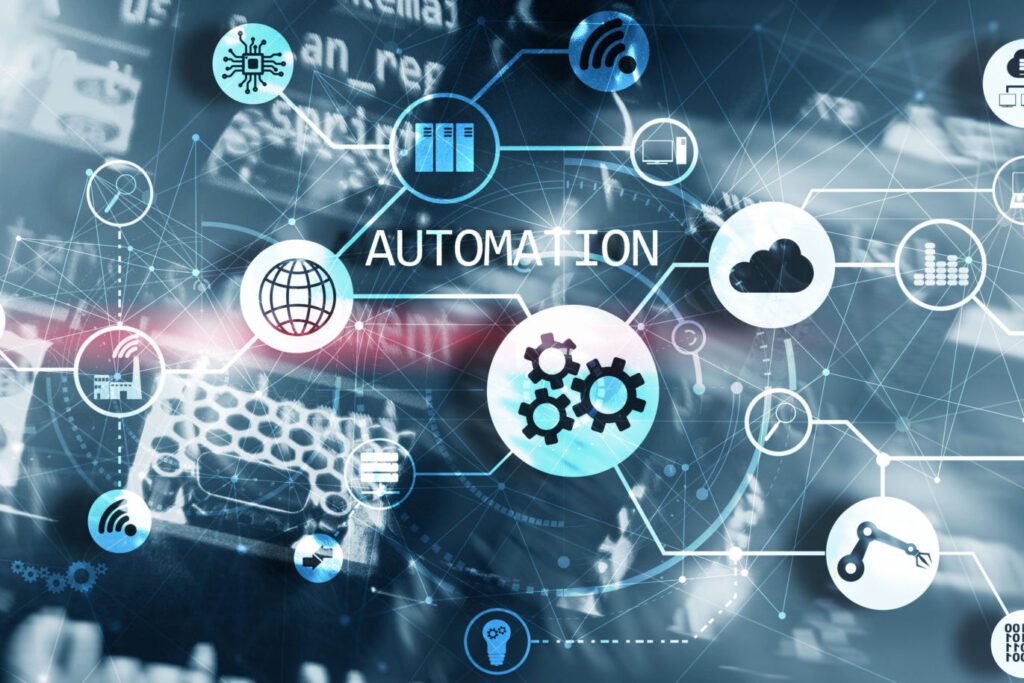 Robotic,Process,Automation,On,Blurred,Big,Data,Center.,Panoramic,Horizontal