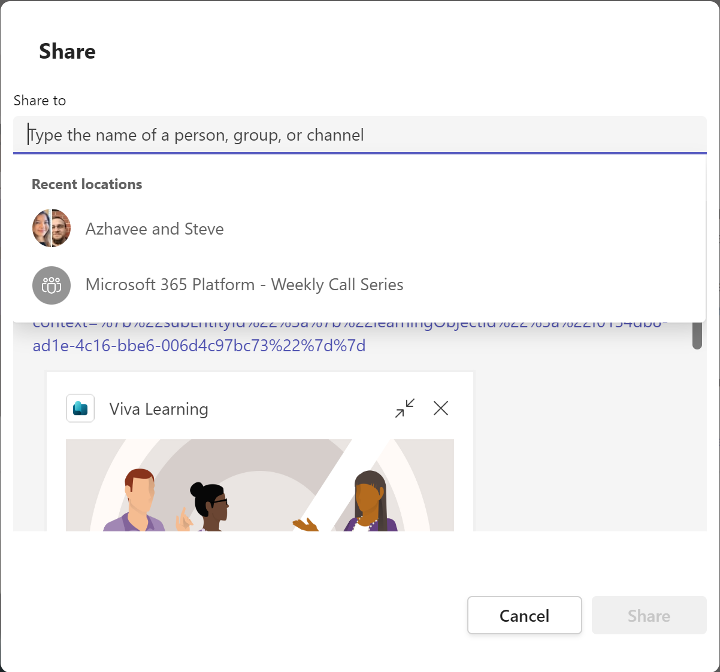  Screenshot of sharing a training with another employee in Viva Learning