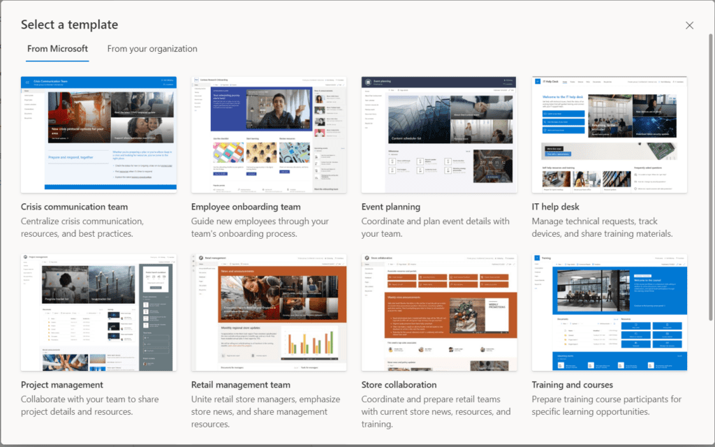 Screenshot of the "Select a SharePoint Site Template" screen
