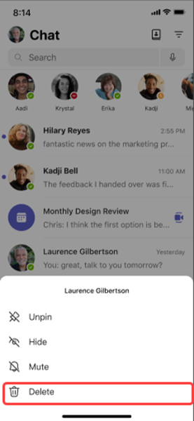 Screenshot that shows How to Delete Chats in Microsoft Teams Mobile App 