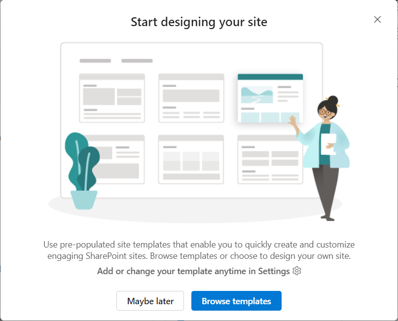 Screenshot of a new Sharepoint site including options to start with a Sharepoint site template