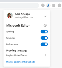Screenshot of the settings screen in Microsoft Editor