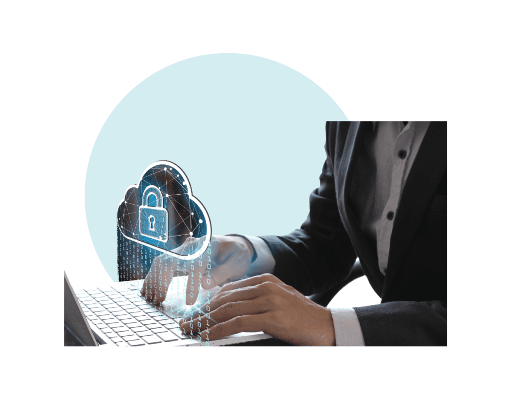 A security icon is overlaid on an image of a person on a computer.