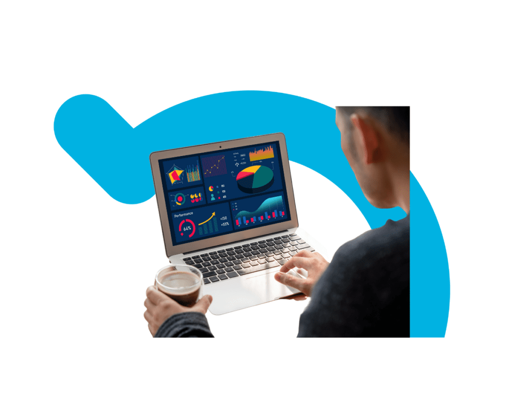 Data Analytics Dashboard on a computer screen as a man looks over the insights provided
