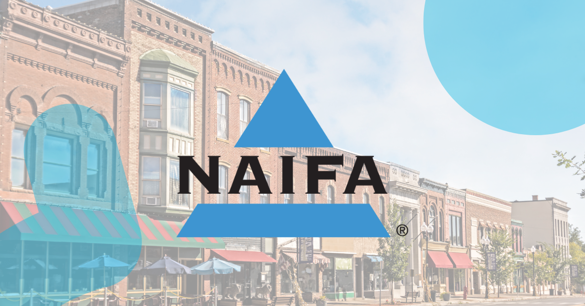 NAIFA Sage Intacct Case Study Feature Image - NAIFA logo overlaid on image of "main street", a street of shops