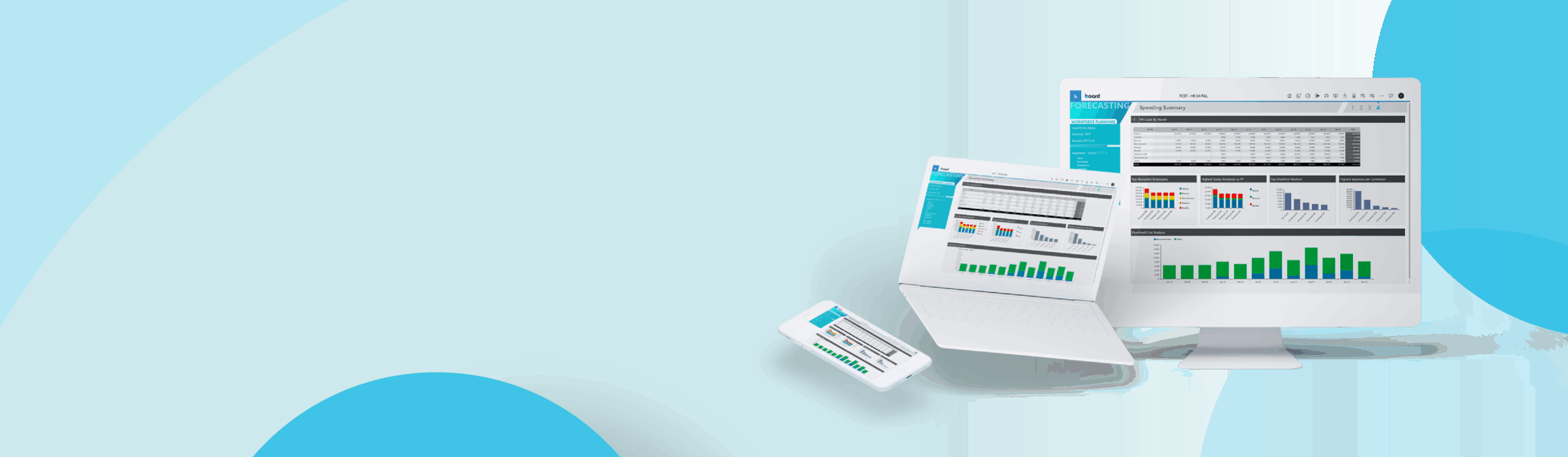 Board – Intelligent Planning Platform - Technology Page Hero Image, Board logo and mock up of board on Desktop, laptop, and mobile