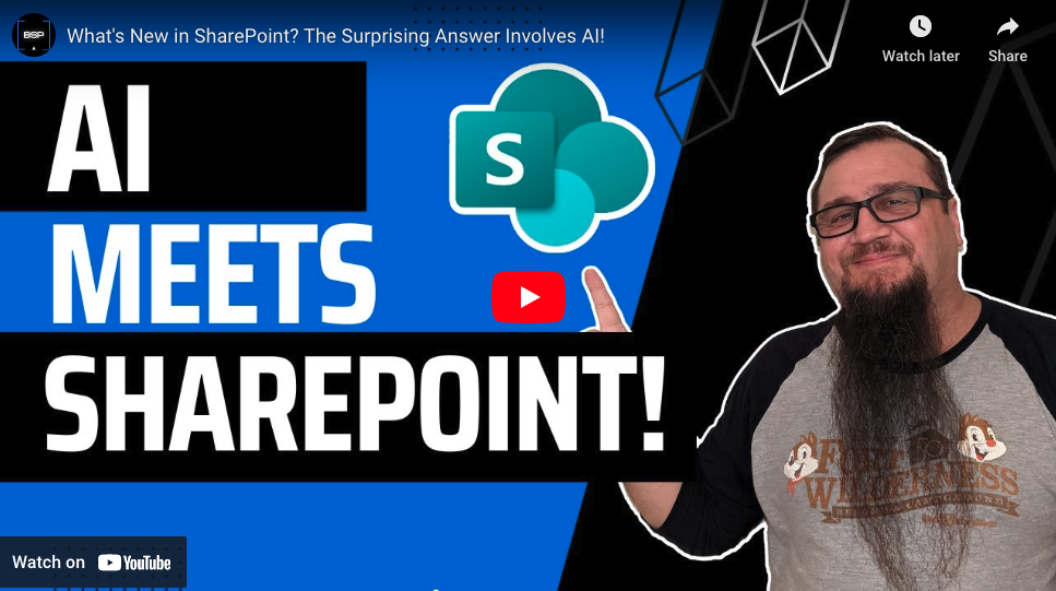 Copilot in SharePoint Feature Image - Steve Corey points to the secondary title "AI meets SharePoint"