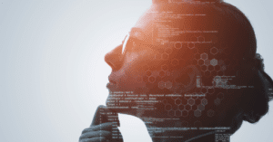 AI Readiness Blog Feature Image: Profile of a woman overlaid with computer code