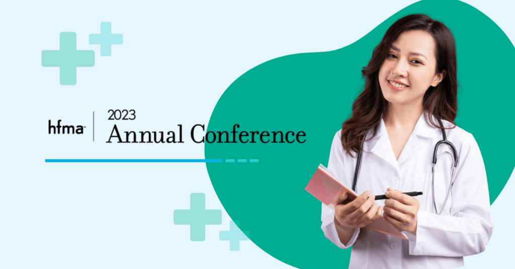 HFMA 2023 Recap - Feature Image, A female doctor holds a clipboard and looks at the camera, HFMA 2023 logo, green background pattern
