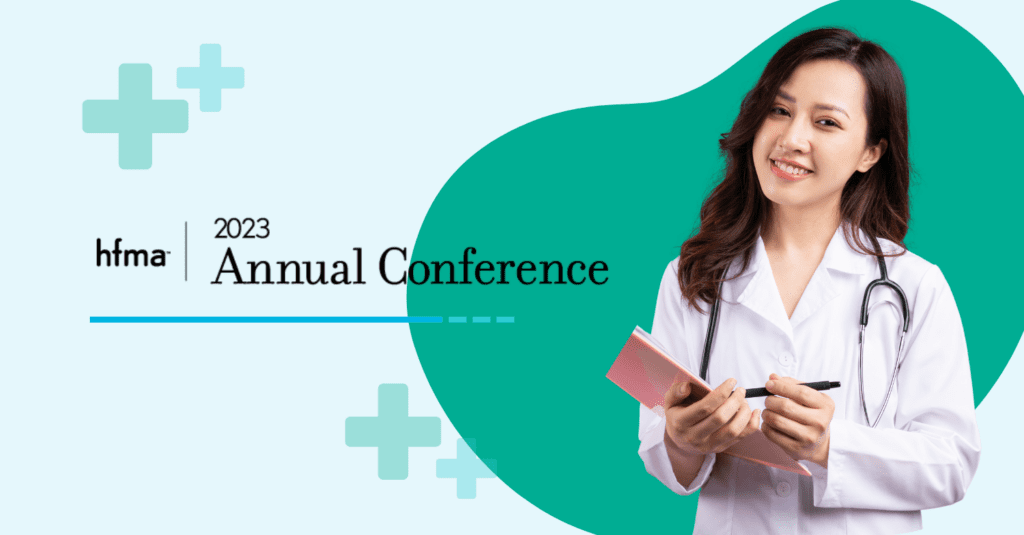HFMA 2023 Recap - Feature Image, A female doctor holds a clipboard and looks at the camera, HFMA 2023 logo, green background pattern