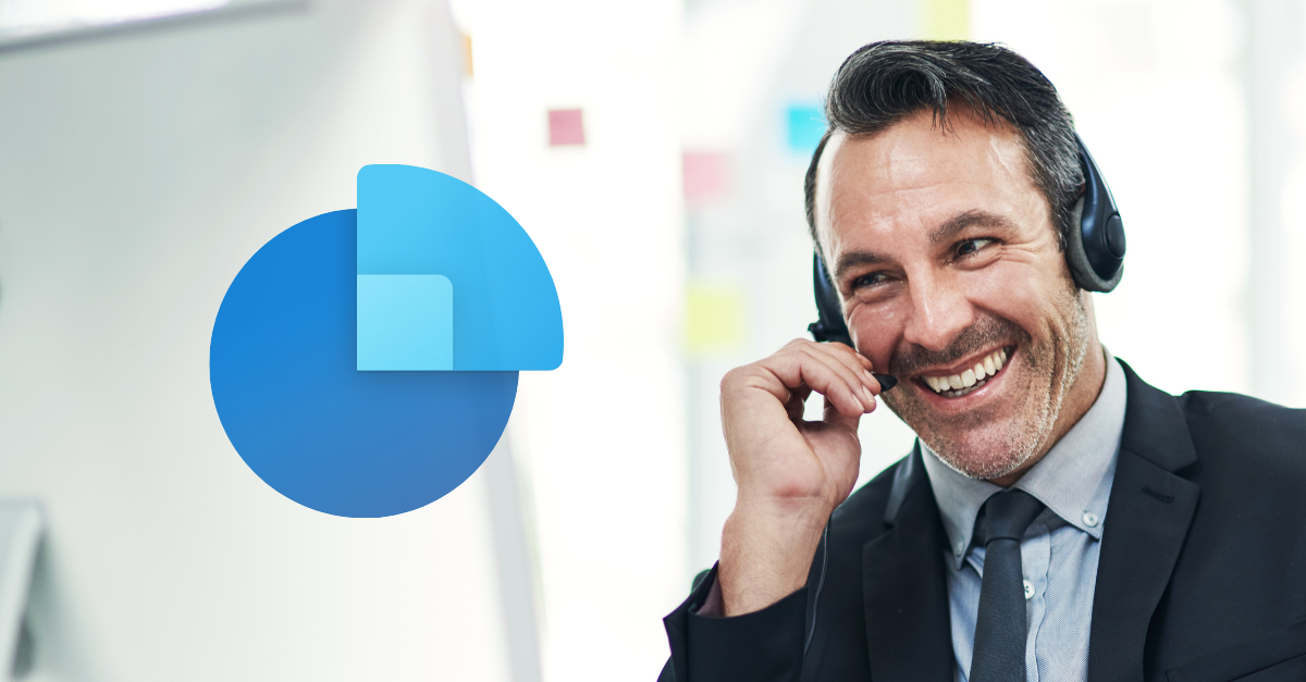 A man answers the phone on a head set, Dynamics 365 Sales logo overlaid