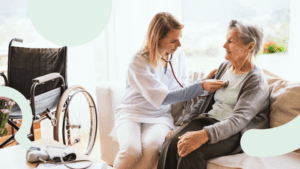 Healthcare worker listens to elderly woman's heart with stethoscope