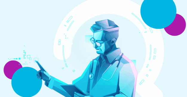 Advancing Healthcare with Digital Transformation Feature Image: A blue illustrated doctor holds a tablet
