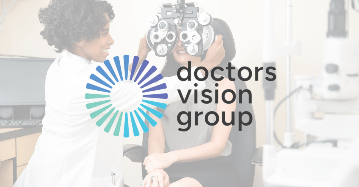 Doctors Vision Group Logo over an image of an optometrist and their patient at an eye appointment.