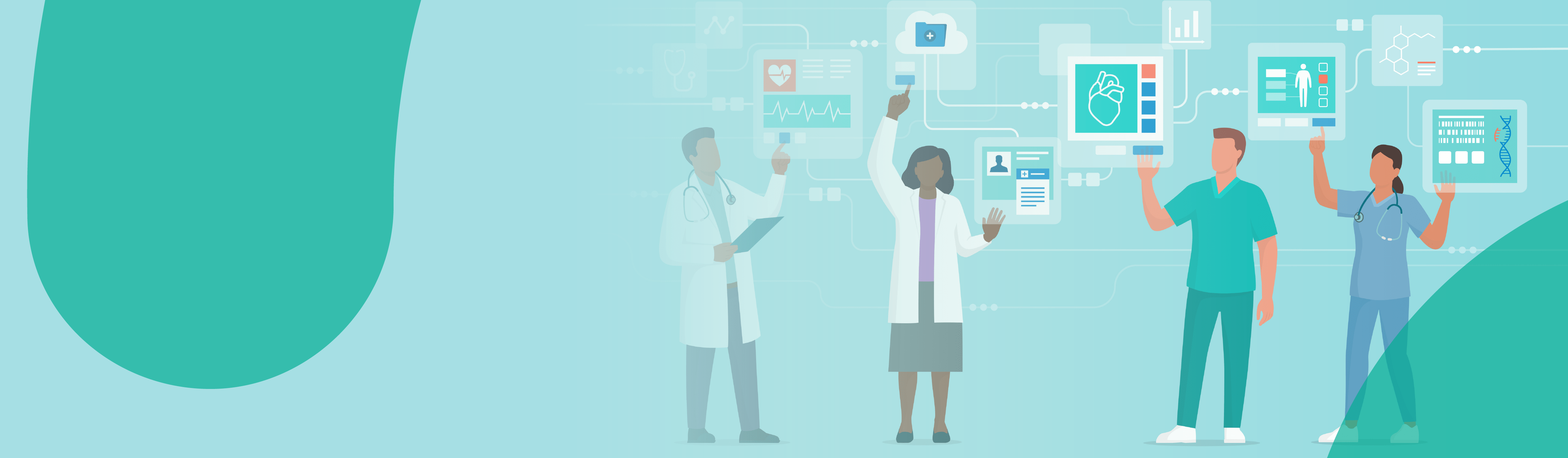 care coordination technology hero image - animated healthcare workers look at various health charts