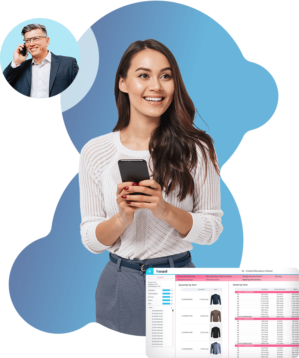 Board for Retail Planning Hero Image - a woman holds her phone with a smile on her face, also a screenshot of a Board dashboard for retail planning