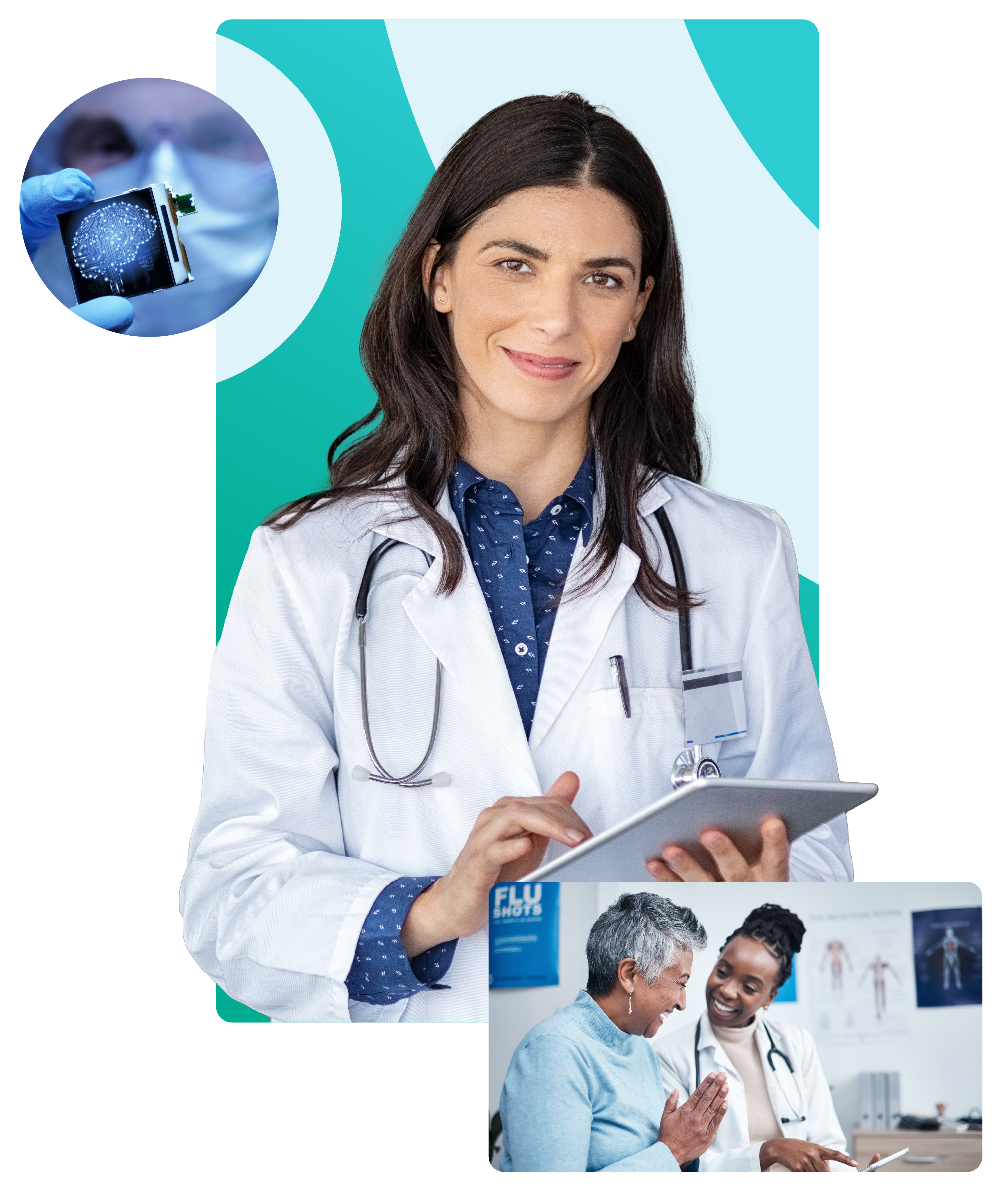 Hero Image for MazikCare Copilot: A female healthcare worker holds a tablet and smiles at the camera, a black female woman doctor also helps an older black woman, finally a health scientist holds up a chip with a brain pattern on it