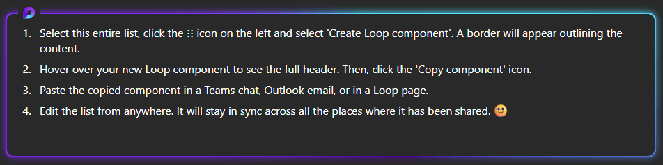 Microsoft Loop describes how to create and share a workspace or list with your teammates