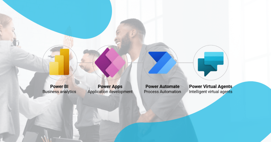 Blog Feature Image - Power Platform Adoption, logos from the suite of products: PowerBI, Power Apps, Power Automate, and Power Virtual Agents