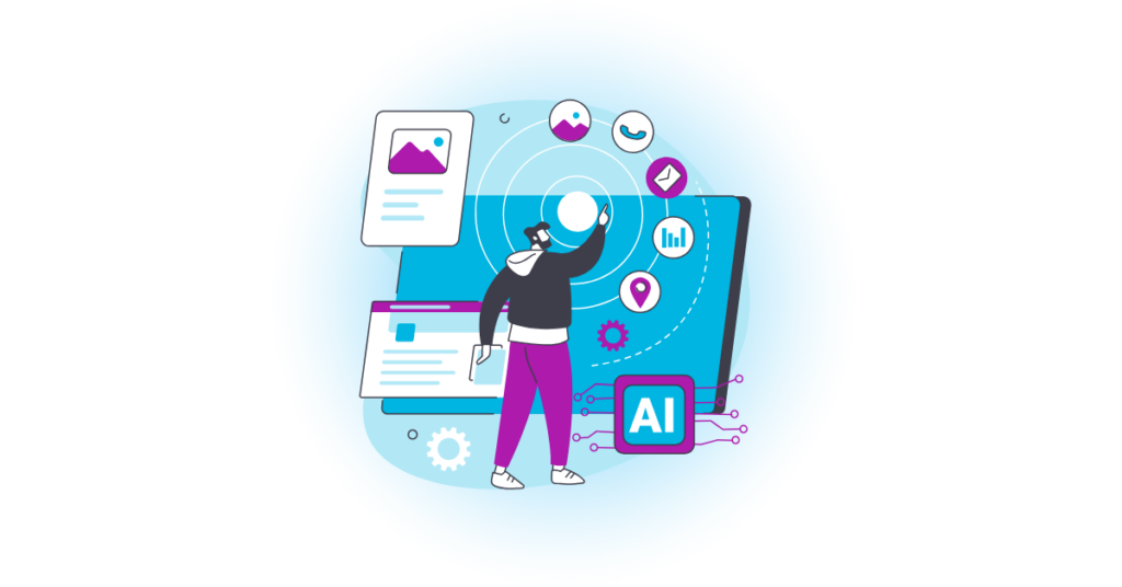 What is an AI Platform? An AI  platform will provide you with a competitive edge. Graphic of a man scrolling through multiple tools at his fingertips, moving quickly and efficiently