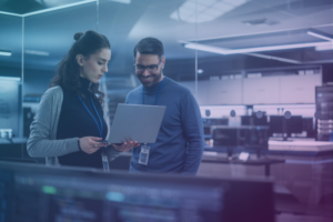 Blog Feature Image - Ai Governance Framework, What it is and Why it matters - 2 engineers stand in an office looking at a laptop