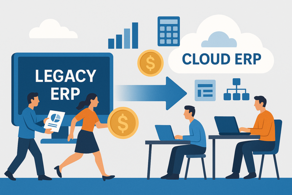 Illustration depicting the migration from Dynamics GP/SL to cloud ERP. On the left, users interact with a legacy ERP system, representing Dynamics GP/SL, while a woman carries a financial icon toward a cloud labeled 'Cloud ERP.' An arrow symbolizes the move to modern financial systems. On the right, users work on cloud-based platforms, highlighting the benefits of upgrading from Dynamics GP/SL to cloud ERP solutions like Business Central