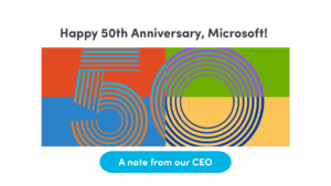 Microsoft's 50th Anniversary Feature Image: Colorful design featuring the number 50 with text that reads Happy 50th Anniversary Microsoft, a Note from our CEO