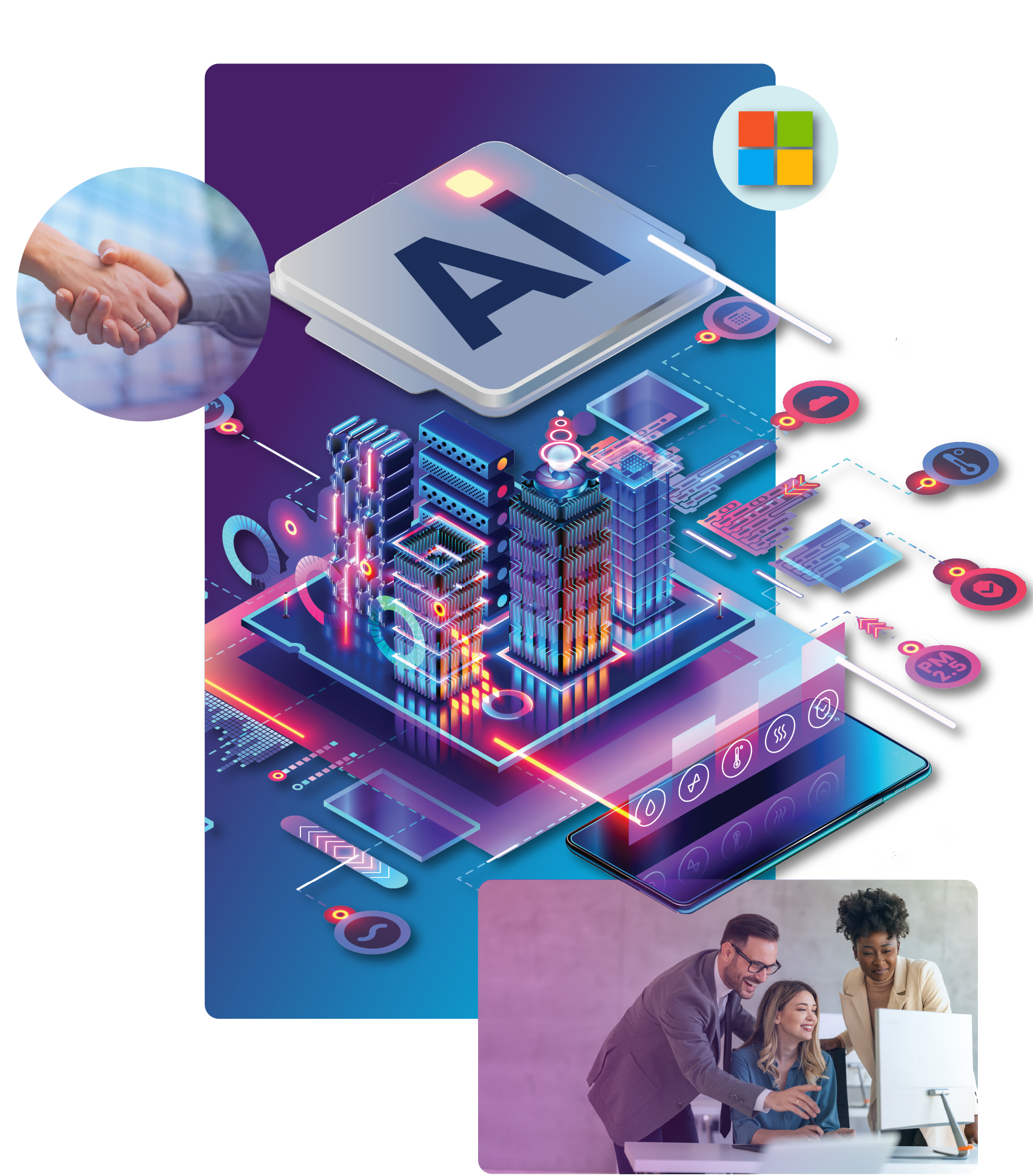 Quisitive Hero Image - AI Solutions, AI technology represented through a dissected computer chip graphic, a team of business professionals working together around a computer, and 2 people shaking hands to represent business partnership, and microsoft logo