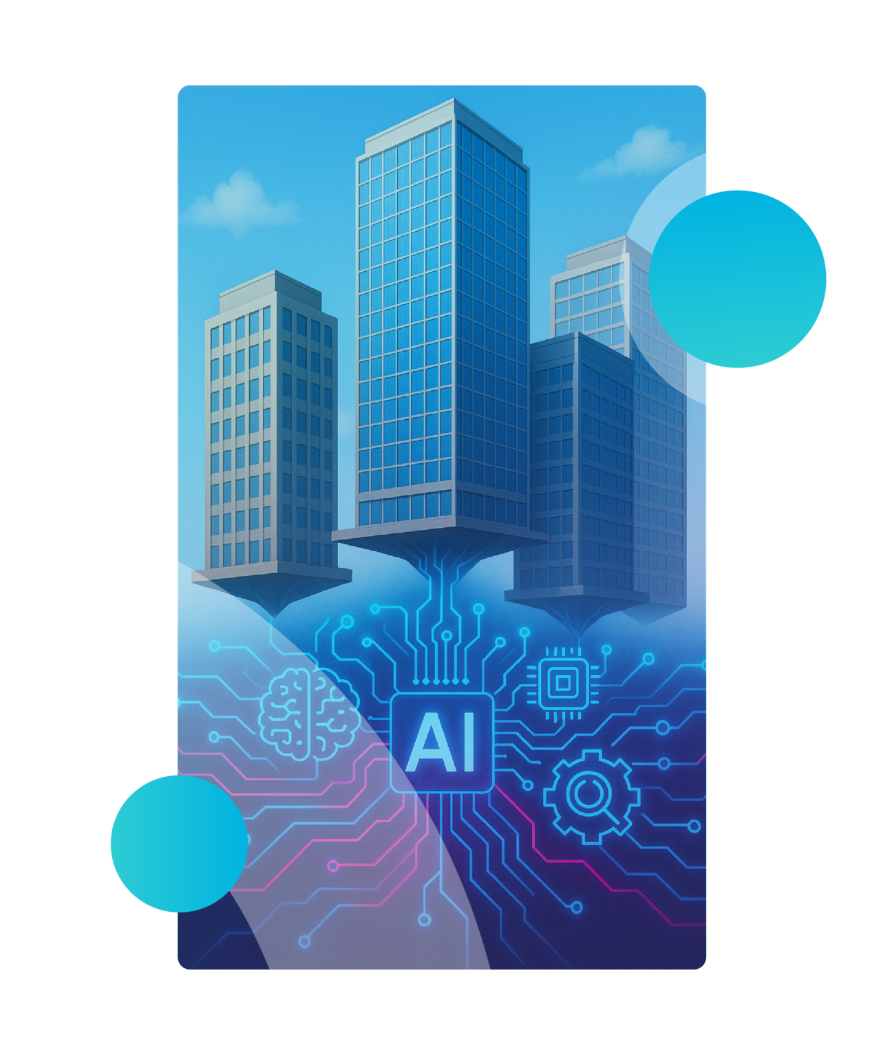 Quisitive Hero AI Strategy Consulting - floating corporate buildings with a network of technology connections underneath that represent AI, representing lifting businesses with AI
