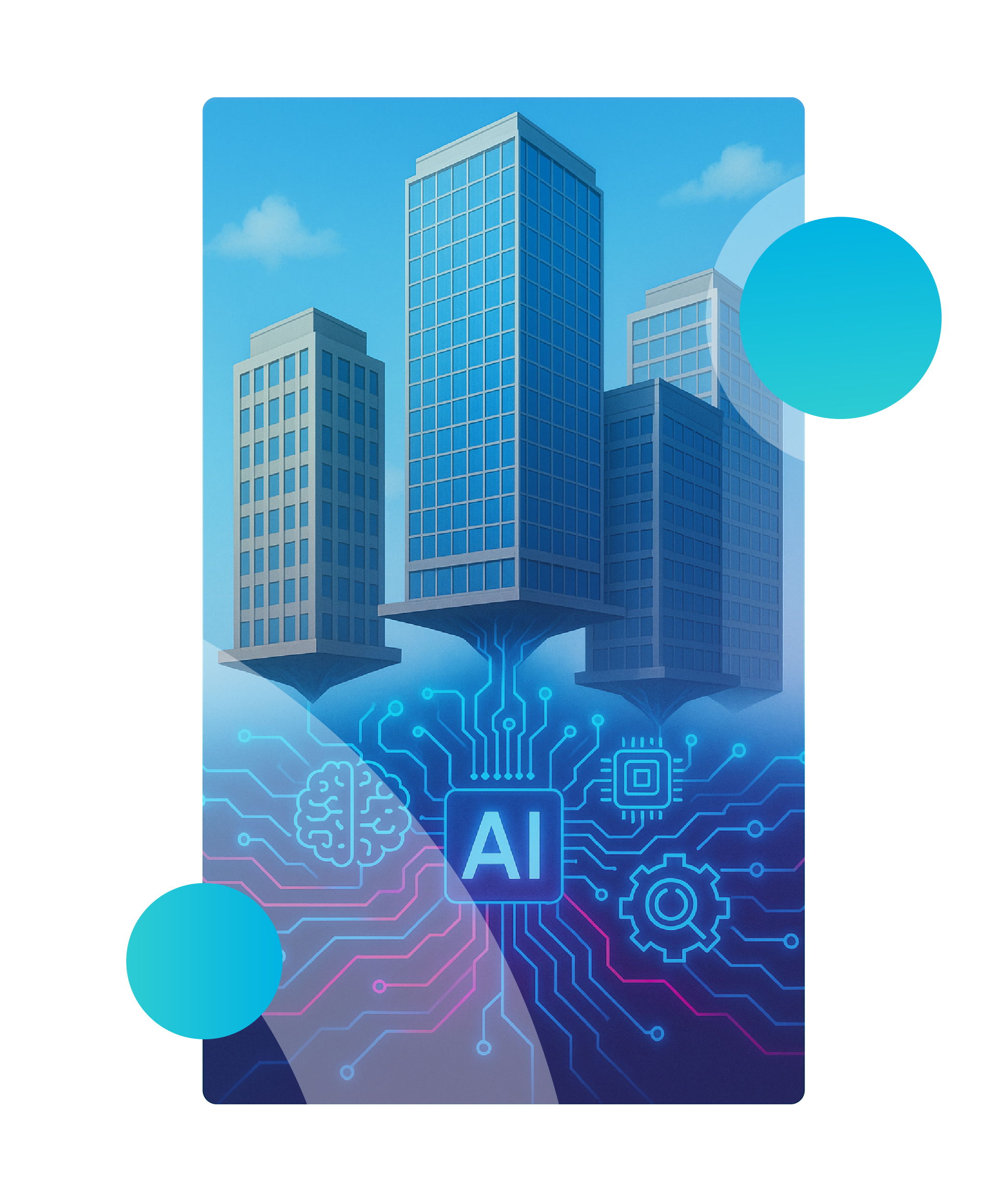Quisitive Hero AI Strategy Consulting - floating corporate buildings with a network of technology connections underneath that represent AI, representing lifting businesses with AI