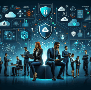 A digitally created image shows a group of business professionals, both men and women in formal attire, working with laptops and tablets in a high-tech environment. Surrounding them is an evolving landscape of cybersecurity concepts such as cloud storage, padlocks, shields, artificial intelligence (AI), data analytics, networking, and secure connections.