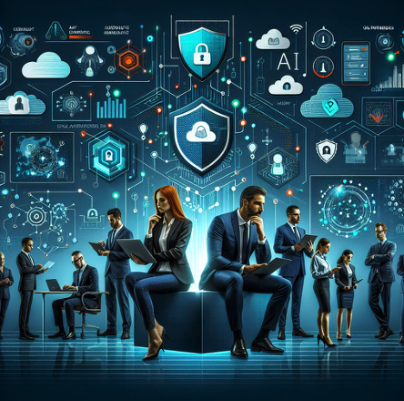 A digitally created image shows a group of business professionals, both men and women in formal attire, working with laptops and tablets in a high-tech environment. Surrounding them is an evolving landscape of cybersecurity concepts such as cloud storage, padlocks, shields, artificial intelligence (AI), data analytics, networking, and secure connections.