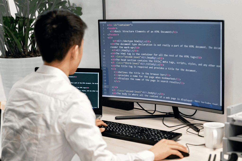 professional male sat at work desk, code shown on computer screen