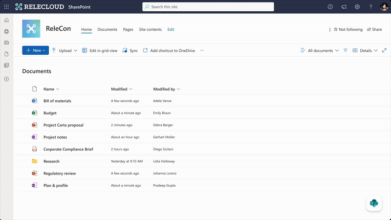 Animated GIF of a Microsoft SharePoint site named “ReleCon.” The page shows a “Documents” library with a table listing files.