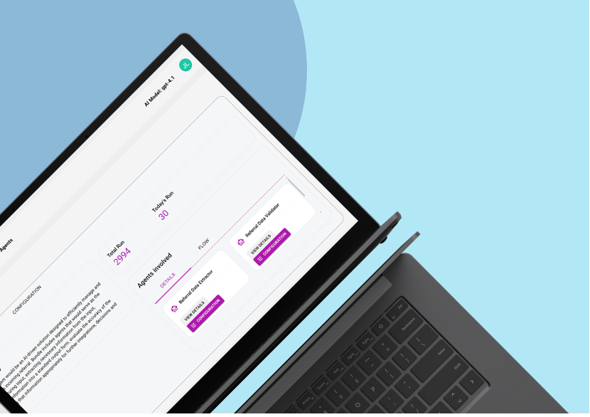 Image of laptop against blue graphic background, showing Quisitve's product on screen