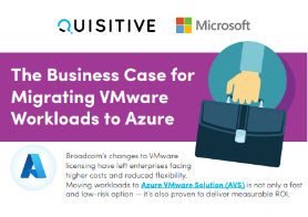 Graphic titles the business case for migrating vmware workloads to azure. Illustration of hand holding briefcase, microsoft, quisitive and azure logos on image