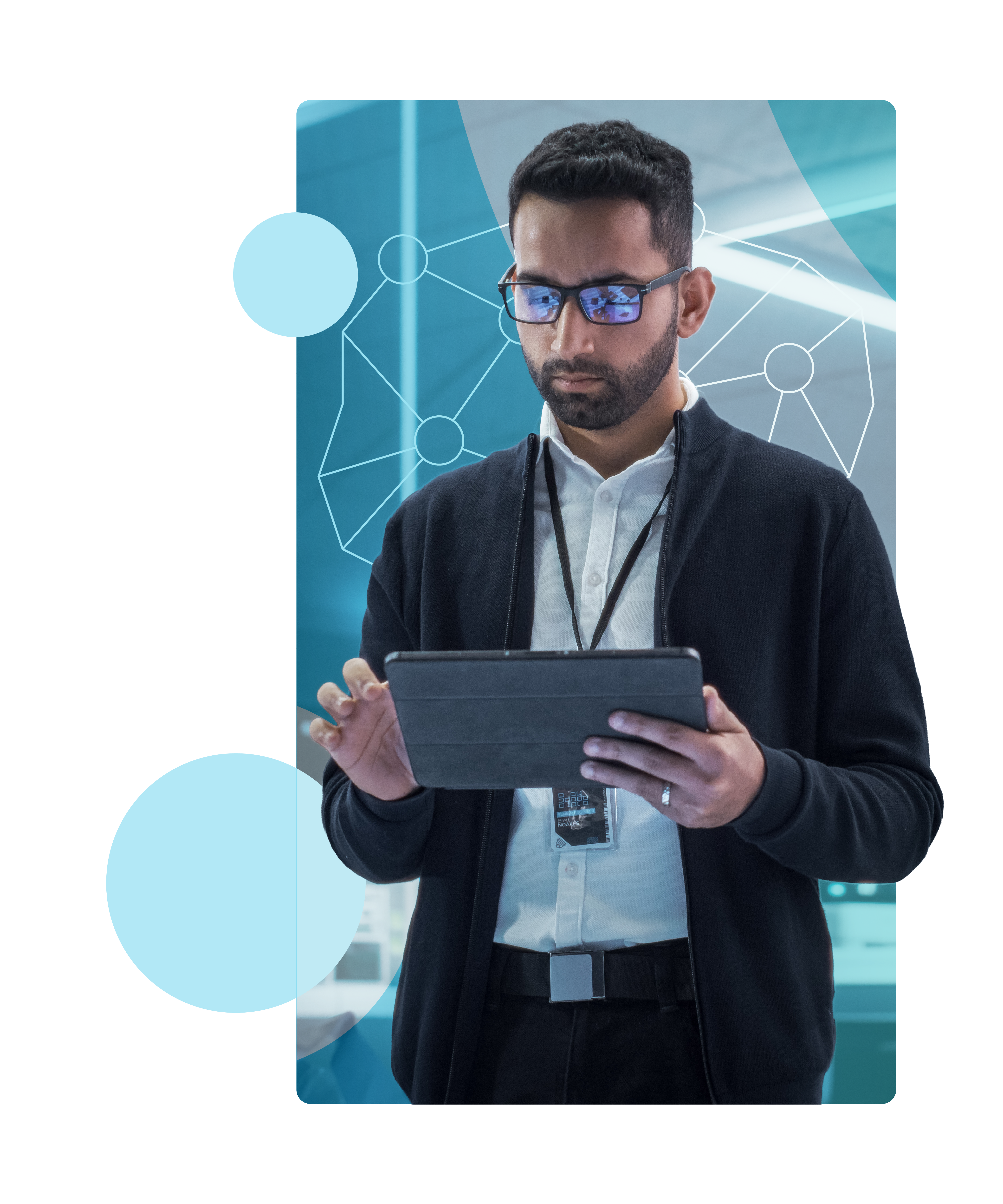 Secure AI hero - IT professional looks at his tablet, analyzing results from the organization's secure AI quick start assessment