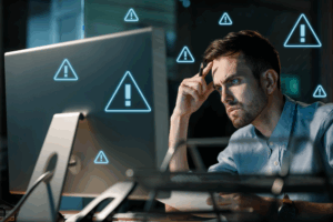 Alert Fatigue Blog Image - Stressed man works at his computer with alert symbols all around him