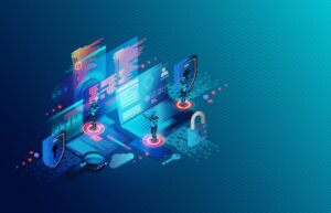 AI security illustration - robot represents AI among computer parts