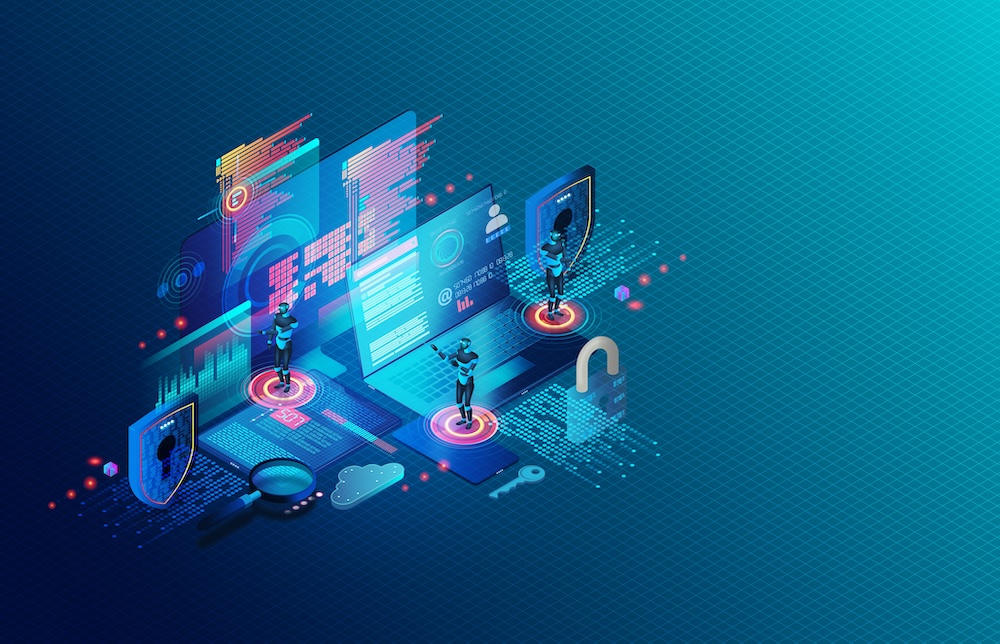 AI security illustration - robot represents AI among computer parts