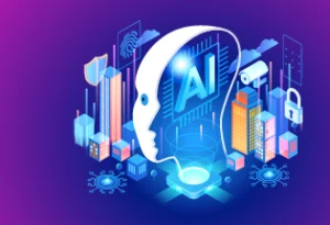 Graphic of a robot with AI at the center, surrounded by tall buildings. Agentic AI for Business Blog Feature Image