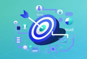 Graphic of a target surrounded by graph icons to represent business financial targets and the ERP technology systems that help plan and measure these goals. Blog Feature Image: How is AI Transforming ERP
